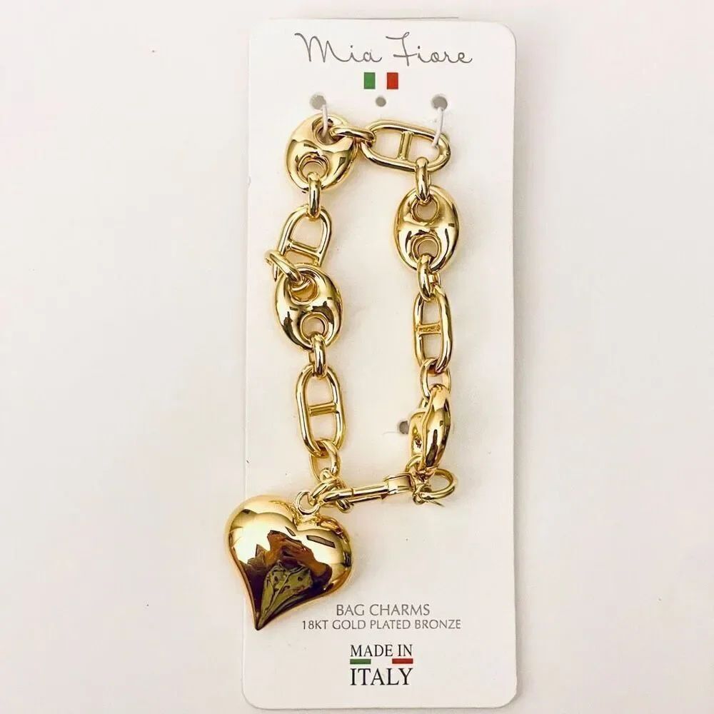 NWT Mia Fiore made Italy 18kt Gold plated Puffed Heart Links Bag Charm/ Bracelet